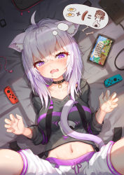 Rule 34 | 1girl, ahoge, animal ear fluff, animal ears, black collar, blush, bone, breasts, cable, cat ears, cat tail, catxuan, collaboration, collar, commentary request, egg (food), fang, food, fried egg, hair between eyes, heart, heart-shaped pupils, highres, hololive, hood, hoodie, imagining, indoors, inugami korone, joy-con, large breasts, long hair, long sleeves, looking at viewer, lying, medium breasts, navel, nekomata okayu, nekomata okayu (1st costume), nintendo switch, on back, on bed, onigiri, open mouth, purple eyes, purple hair, saliva, sausage, solo, spread legs, symbol-shaped pupils, tail, virtual youtuber
