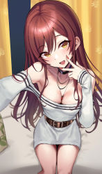 Rule 34 | 1girl, bare shoulders, belt, breasts, brown belt, cleavage, collarbone, commentary request, hair between eyes, highres, idolmaster, idolmaster shiny colors, jewelry, long hair, long sleeves, looking at viewer, medium breasts, mirei, nail polish, necklace, open mouth, osaki amana, red hair, red nails, selfie, sitting, smile, solo, thighs, yellow eyes