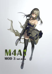 Rule 34 | 1girl, absurdres, ajirui, alternate costume, assault rifle, bare shoulders, black eyes, black footwear, black hair, black thighhighs, breasts, brown eyes, character name, choker, cleavage, closed mouth, dress, dress shoes, expressionless, floating hair, girls&#039; frontline, gloves, grey background, gun, hair between eyes, highres, holding, holding gun, holding weapon, jewelry, lace-trim, lace-trimmed choker, lace trim, layered dress, long hair, looking afar, m4 carbine, m4a1 (girls&#039; frontline), m4a1 (mod3) (girls&#039; frontline), medium breasts, mod3 (girls&#039; frontline), multicolored hair, necklace, remodel (girls frontline), rifle, scope, sidelocks, simple background, solo, strapless, strapless dress, streaked hair, thighhighs, thighs, weapon, wind, wind lift