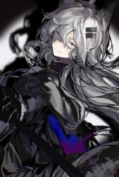 Rule 34 | 1girl, absurdres, animal ears, arknights, black coat, black gloves, closed mouth, coat, commentary, cowboy shot, gloves, grey eyes, grey hair, highres, holding, lappland (arknights), long hair, long sleeves, looking at viewer, moriiii, scar, scar across eye, slit pupils, solo, symbol-only commentary, very long hair, wolf ears, wolf girl