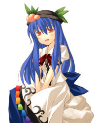 Rule 34 | 1girl, blue hair, blue skirt, blush, bow, bowtie, female focus, food, fruit, hat, hinanawi tenshi, looking at viewer, nu (plastic eraser), peach, puffy short sleeves, puffy sleeves, rainbow order, red bow, red bowtie, red eyes, shirt, short sleeves, simple background, skirt, solo, tareme, touhou, white background, white shirt