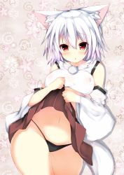 Rule 34 | 1girl, :&lt;, animal ears, bare shoulders, black panties, breasts, clothes lift, commentary request, contrapposto, covered erect nipples, cowboy shot, detached sleeves, floral background, hair between eyes, highres, inubashiri momiji, lifting own clothes, medium breasts, mutou mame, navel, panties, red eyes, red skirt, skirt, skirt lift, solo, standing, tail, touhou, underwear, white hair, wide sleeves, wolf ears, wolf tail