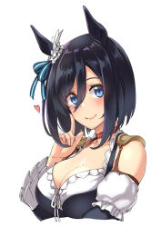 Rule 34 | 1girl, abo (hechouchou), animal ears, black hair, blue eyes, blue ribbon, bow, breasts, choker, cleavage, closed mouth, cropped torso, detached sleeves, dirndl, ear ribbon, eishin flash (umamusume), finger to face, frilled sleeves, frills, german clothes, hair between eyes, heart, horse ears, horse girl, looking at viewer, medium breasts, medium hair, puffy sleeves, red choker, ribbon, scrunchie, simple background, smile, solo, umamusume, upper body, white background, white scrunchie