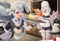 Rule 34 | 3girls, absurdly long hair, alternate costume, apron, azur lane, bird, blunt bangs, breast hold, breasts, brick wall, cabinet, cake, chick, cleavage, commentary request, covering own mouth, cup, detached collar, drink, drinking glass, drinking straw, enmaided, fang, food, fruit, gloves, grey eyes, hair ornament, ice, ice cube, kirari (kira rin9), lamp, large breasts, lemon, lemon slice, long hair, long sleeves, looking at another, maid, maid apron, maid cafe, maid headdress, manjuu (azur lane), medium breasts, menu board, minsk (azur lane), multicolored hair, multiple girls, open mouth, purple eyes, purple hair, sidelocks, sleeves past wrists, strawberry, strawberry cake, streaked hair, surprised, tallinn (azur lane), tashkent (azur lane), tea, thighhighs, tray, tripping, two-tone hair, very long hair, white gloves, white hair, white legwear, wide sleeves, wrist cuffs, zettai ryouiki
