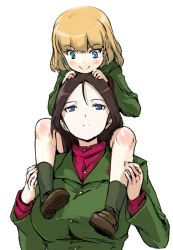 Rule 34 | 10s, 2girls, bad id, bad pixiv id, blonde hair, blue eyes, blush, breasts, brown hair, buttons, carrying, chikuwa (tks), girls und panzer, hands on another&#039;s head, katyusha (girls und panzer), large breasts, long hair, long sleeves, looking at another, looking down, looking up, military, military uniform, multiple girls, nonna (girls und panzer), piggyback, short hair, shoulder carry, simple background, smile, uniform, white background