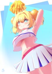 Rule 34 | 1girl, absurdres, alternate costume, arms up, blonde hair, blue background, blue eyes, blue hair, blush, bombergirl, breasts, cheerleader, closed mouth, clover-shaped pupils, colored tips, commentary request, dreamtravel36, fang, grenade hair ornament, hair intakes, highres, holding, holding pom poms, looking at viewer, multicolored hair, pine (bombergirl), pom pom (cheerleading), pom poms, short hair, skin fang, skirt, smile, solo, symbol-shaped pupils, tank top, two-tone hair, underboob, white skirt, white tank top, yellow pupils