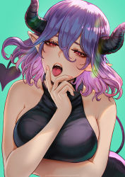 Rule 34 | 1girl, arm under breasts, artist name, breasts, demon girl, demon horns, demon tail, dress, green background, hair between eyes, hand on own face, highres, horns, kinsou no vermeil, large breasts, looking at viewer, magion02, medium hair, multicolored hair, open mouth, parted lips, patreon username, pink hair, pointy ears, purple hair, red eyes, signature, simple background, sleeveless, sleeveless sweater, sleeveless turtleneck, sleeveless turtleneck dress, solo, squinting, sweater, tail, thighs, tongue, tongue out, turtleneck, turtleneck dress, turtleneck sweater, two-tone hair, vermeil (kinsou no vermeil)