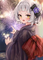 Rule 34 | 1girl, absurdres, black bow, blush, bow, commentary request, firecrackers, fireworks, grey hair, hair bow, hair bun, highres, holding, holding fireworks, hololive, japanese clothes, kimono, looking at viewer, maikro, murasaki shion, night, night sky, open mouth, sky, solo, tassel, virtual youtuber, yellow eyes