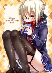 Rule 34 | 1girl, artoria pendragon (fate), bad id, bad pixiv id, black thighhighs, blonde hair, blue skirt, blush, dated, fate/grand order, fate (series), garter straps, glasses, happy valentine, highres, ichiren namiro, looking at viewer, mysterious heroine x alter (fate), mysterious heroine x alter (first ascension) (fate), short hair, skirt, solo, thighhighs, valentine, yellow eyes