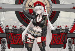 Rule 34 | 1girl, arm up, azur lane, belt pouch, black bra, black gloves, black jacket, black shorts, bomb, boots, bra, bra peek, breasts, brown thighhighs, chain, choker, cleavage, collarbone, command and conquer, cowboy shot, crop top, cropped jacket, dishwasher1910, explosive, expressionless, gloves, highleg, highres, jacket, kirov (azur lane), kirov airship, large breasts, leg belt, long hair, long sleeves, looking at viewer, machinery, micro shorts, midriff, navel, original, pouch, red headwear, shorts, silver hair, solo, standing, stomach, thigh boots, thighhighs, thighs, underwear, very long hair, wing collar, yellow eyes
