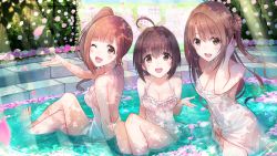 Rule 34 | 3girls, :d, ahoge, alternate costume, bare arms, bare legs, bare shoulders, barefoot, blush, bow, breasts, brown eyes, brown hair, bush, cleavage, clothes lift, collarbone, commentary request, day, dress, dress lift, flower, from side, garden, hair bow, hair flip, half updo, halterneck, idolmaster, idolmaster cinderella girls, igarashi kyoko, kohinata miho, long hair, looking at viewer, medium breasts, multiple girls, one eye closed, one side up, open mouth, outdoors, partially submerged, petals, petals on liquid, pink check school, pink flower, pink rose, pool, red flower, red rose, revision, ripples, rose, rose petals, see-through, shimamura uzuki, shiny skin, short hair, side ponytail, sidelocks, sitting, smile, sunlight, u rin, wading, water, wet, wet clothes, white dress