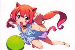 Rule 34 | 1girl, animal ears, anklet, barefoot, bell, blush, bracelet, cat ears, cat tail, collar, dress, fang, feet, foreshortening, jewelry, jingle bell, kanzaki hiro, long hair, looking at viewer, low twintails, nail polish, open mouth, original, paw pose, purple eyes, red hair, scan, solo, tail, toenail polish, toenails, twintails