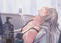 Rule 34 | 1girl, ahoge, bathtub, black bra, blush, bra, breasts, collarbone, commentary request, fate/grand order, fate (series), jeanne d&#039;arc (fate), jeanne d&#039;arc alter (avenger) (fate), jeanne d&#039;arc alter (fate), large breasts, long hair, looking at viewer, lying, silver hair, solo, underwear, whitecrow4444, yellow eyes