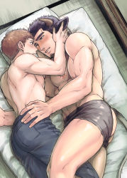 Rule 34 | 2boys, abs, absurdres, animal ears, architecture, ass, bara, bed, biceps, black eyes, black hair, brown hair, butt crack, couple, east asian architecture, facial hair, futon, hand on another&#039;s head, hand on own hip, highres, horns, house, large pectorals, looking at another, male underwear, mature male, multiple boys, muscular, muscular male, navel, nipples, no pants, original, pants, pectorals, pillow, smile, stubble, thick arms, thick eyebrows, thick thighs, thighs, topless, topless male, underwear, yaoi, yomotsuki road