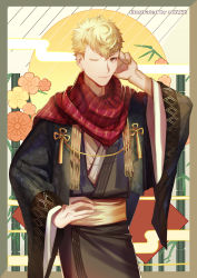 Rule 34 | 10s, 1boy, absurdres, alternate costume, blonde hair, cowboy shot, floral background, flower, hand on own hip, highres, japanese clothes, looking at viewer, male focus, mozer (zerlinda), one eye closed, persona, persona 5, sakamoto ryuuji, scarf, short hair, smile, solo, traditional clothes, wink