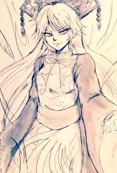 Rule 34 | 1girl, aura, breasts, chinese clothes, closed mouth, commentary request, crescent, d-m (dii emu), dress, eyelashes, greyscale, junko (touhou), long hair, long sleeves, monochrome, phoenix crown, ribbon, sketch, sleeves past wrists, small breasts, smile, tabard, touhou, traditional media, upper body, very long hair, wide sleeves