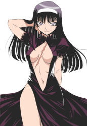 Rule 34 | 1girl, arm up, bags under eyes, black hair, breasts, center opening, colorized, cynthia the mission, dress, empty eyes, female focus, formal, hair flip, hairband, hand in own hair, highres, kuga araya, long hair, looking at viewer, navel, no bra, open clothes, open dress, scar, side slit, simple background, smile, solo, standing, takatou rui, white background