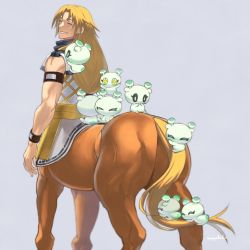 Rule 34 | + +, 1boy, ^ ^, arm strap, blonde hair, blue scarf, centaur, chiron (fate), closed eyes, creature, creature on shoulder, curtained hair, facing back, facing viewer, fate/grand order, fate (series), feet out of frame, from behind, grey background, holding tail, horseback riding, con (fate), long hair, male focus, mayuhiko3310, on shoulder, parted lips, riding, sash, scarf, sitting, sleeveless, smile, standing, tail, taur, toned, toned male, tunic, white tunic, yellow sash