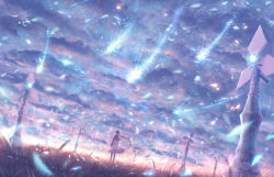 Rule 34 | 1girl, ahoge, braid, cloud, cloudy sky, commentary request, from behind, long hair, looking afar, magic, original, pink hair, sakimori (hououbds), scenery, skirt, sky, solo, standing, tower