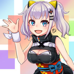 Rule 34 | 1girl, :d, absurdres, black dress, blue eyes, breasts, cleavage, cleavage cutout, clothing cutout, d-pad, d-pad hair ornament, dress, hair ornament, hairclip, hand up, highres, kaguya luna, looking at viewer, medium breasts, multicolored eyes, obi, open mouth, pikorupi (e ni14), pink eyes, ribbon, sash, short hair, silver hair, sleeveless, sleeveless dress, smile, solo, the moon studio, twintails, upper body, virtual youtuber, white ribbon, wrist ribbon, wristband