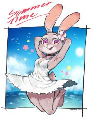 Rule 34 | 1girl, animal ears, armpits, arms behind head, breasts, buck teeth, rabbit, cleavage, disney, dress, flower, full body, furry, furry female, hair flower, hair ornament, judy hopps, jumping, looking at viewer, midair, ocean, rabbit ears, rabbit girl, rabbit tail, short dress, small breasts, smile, solo, sundress, taikodon, tail, teeth, white dress, zootopia