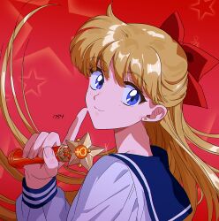 Rule 34 | 1girl, aino minako, bishoujo senshi sailor moon, blonde hair, blue eyes, blue sailor collar, bow, closed mouth, earrings, hair between eyes, highres, holding, jewelry, popogano, red background, red bow, sailor collar, school uniform, smile, solo, star (symbol)