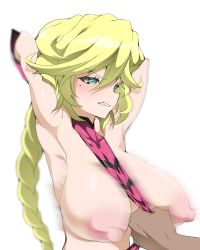 Rule 34 | 1boy, 1girl, aged up, armpits, arms up, blonde hair, blush, braid, braided ponytail, breasts, carol malus dienheim, clothes pull, clothing cutout, green eyes, highres, large breasts, long hair, mole, mole under eye, motion blur, nipples, ohako, puffy nipples, senki zesshou symphogear, shiny clothes, shiny skin, side cutout, sideless outfit, simple background, solo focus, white background