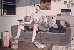 Rule 34 | 2boys, bishounen, black eyes, black hair, black shirt, black shorts, brown eyes, brown hair, buzz cut, cellphone, charger, controller, couch, couple, crushed can, dream catcher, earrings, full body, grey shorts, hand on another&#039;s leg, highres, holding, holding paper, holding remote control, indoors, jewelry, leg on another&#039;s leg, long sleeves, lying, male focus, miyagi ryouta, multiple boys, nolja cz, on back, on couch, open mouth, paper, phone, poster (object), reading, remote control, sawakita eiji, shirt, shoe box, short hair, shorts, sitting, slam dunk (series), smartphone, socks, soda, stud earrings, table, teardrop, undercut, very short hair, wavy hair, white shirt, white socks, window, yaoi, yawning