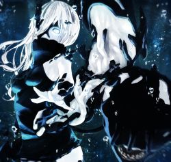Rule 34 | 1girl, abyssal ship, air bubble, aqua background, blue background, blue eyes, blurry, breasts, bubble, colored skin, commentary, covered mouth, depth of field, fingernails, glowing, glowing eye, hair over one eye, high collar, kantai collection, long fingernails, long hair, looking at viewer, mask over one eye, motion lines, ne-class heavy cruiser, nina (ninageya), reaching, reaching towards viewer, sleeveless, small breasts, solo, spread fingers, turret, underwater, white hair, white skin