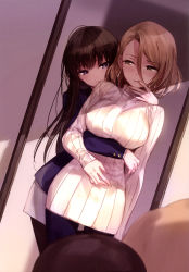 Rule 34 | 2girls, black hair, blazer, blue eyes, blush, breast hold, breasts, brown eyes, brown hair, dutch angle, earrings, grabbing, grabbing from behind, hair between eyes, hand on another&#039;s face, highres, indoors, irua, jacket, jewelry, large breasts, long hair, mole, mole under eye, multiple girls, pantyhose, parted lips, reflection, ribbed sweater, scan, school uniform, short hair, sweater, swept bangs, yuri
