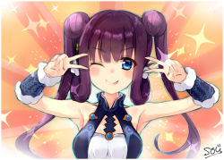 Rule 34 | 1girl, blue eyes, blunt bangs, blush, breasts, chinese clothes, double bun, double v, dress, emotional engine - full drive, fate/grand order, fate (series), hair bun, hair ornament, long hair, medium breasts, one eye closed, purple hair, sidelocks, signature, smile, solo, sou (soutennkouchi), sparkle, tongue, upper body, v, yang guifei (fate), yang guifei (first ascension) (fate)