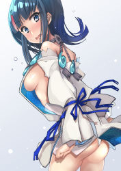 Rule 34 | 1girl, ass, back, bare shoulders, black hair, blue eyes, blue ribbon, blush, breasts, collarbone, dress, fate/grand order, fate/requiem, fate (series), fundoshi, gradient background, haku (grimjin), highres, japanese clothes, large breasts, long sleeves, looking at viewer, magatama, magatama hair ornament, medium hair, multicolored hair, open mouth, pelvic curtain, pink hair, puffy long sleeves, puffy sleeves, ribbon, seigaiha, short dress, sideboob, sideless outfit, streaked hair, thighs, two-sided fabric, two-sided skirt, utsumi erice, white dress