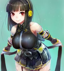 Rule 34 | arm garter, arm warmers, bare shoulders, beatmania, beatmania iidx, belt, belt pouch, black hair, black skirt, blunt bangs, blush, breasts, buckle, closed mouth, collarbone, frills, garter straps, green background, headphones, hinazuki ririna, large breasts, leaning forward, lips, looking at viewer, pleated skirt, pocket, pouch, red eyes, shiny clothes, shirt, simple background, skirt, sleeveless, sleeveless shirt, smile, solo, taishi (picchiridou), taut clothes, taut shirt, thighhighs, white thighhighs