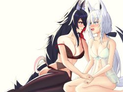 Rule 34 | 2girls, @ @, ahoge, animal ear fluff, animal ears, black bow, black bra, black hair, black panties, black thighhighs, blush, bow, bra, braid, breasts, camisole, cleavage, collarbone, commentary request, fox ears, fox girl, fox tail, garter belt, green eyes, hair between eyes, hair bow, highres, hololive, implied yuri, jewelry, long hair, looking at another, medium breasts, multicolored hair, multiple girls, navel, ookami mio, open mouth, panties, red hair, ring, shirakami fubuki, sidelocks, simple background, single braid, sitting, streaked hair, tail, thighhighs, underwear, underwear only, virtual youtuber, wariza, wavy mouth, white background, white camisole, white hair, white panties, wolf ears, wolf girl, yellow eyes, zysora