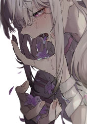 Rule 34 | 1girl, arm ribbon, close-up, commentary request, coughing flowers, crying, crying with eyes open, falling petals, flower, hands up, highres, long hair, mole, mole under eye, nijisanji, open mouth, petals, pink eyes, profile, purple flower, ribbon, saliva, sharp teeth, shuu-0208, simple background, solo, sukoya kana, tears, teeth, upper body, virtual youtuber, white background, white hair, white ribbon