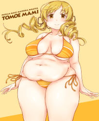 Rule 34 | 10s, 1girl, belly, blonde hair, blush, breasts, drill hair, fat, female focus, large breasts, long hair, looking at viewer, mahou shoujo madoka magica, navel, plump, smile, solo, standing, swimsuit, takagi hideaki, thick thighs, thighs, tomoe mami, twin drills, wide hips, yellow eyes
