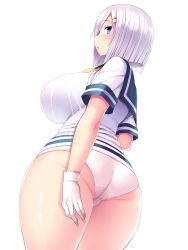Rule 34 | 10s, ass, blouse, blue eyes, blunt bangs, breasts, cowboy shot, from below, gloves, hamakaze (kancolle), highres, huge ass, huge breasts, kantai collection, looking at viewer, no pants, sailor, shirt, simple background, solo, thick thighs, thighs, tsukumiya amane, white background, white hair, white shirt, wide hips