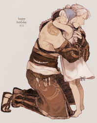 Rule 34 | 1boy, 1girl, armpits, closed mouth, commentary request, dress, english text, father and daughter, feet, grey background, happy birthday, highres, maeka (kumaekake), nier, nier (father), nier (series), short hair, simple background, smile, white hair, yonah