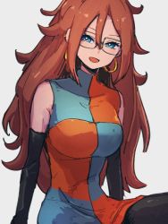 Rule 34 | 1girl, android 21, black sleeves, blue eyes, breasts, checkered clothes, checkered dress, detached sleeves, dragon ball, dragon ball fighterz, dress, glasses, grey background, hair between eyes, kemachiku, large breasts, long hair, looking at viewer, open mouth, red hair, simple background, sitting, smile, solo