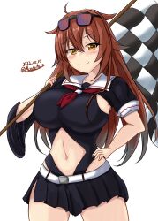 Rule 34 | breasts, brown eyes, brown hair, checkered flag, clothing cutout, cosplay, dated, eyewear on head, flag, hair flaps, hand on own hip, highres, huge breasts, kantai collection, long hair, montemasa, murasame (kancolle), murasame (kancolle) (cosplay), navel, navel cutout, race queen, shiratsuyu (kancolle), sunglasses, twitter username