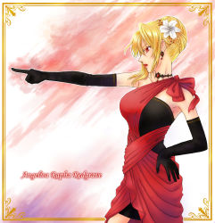 Rule 34 | 1girl, angelica rapha redgrave, black gloves, border, breasts, brown border, character name, dress, earrings, elbow gloves, flower, from side, fu aru, gloves, hair behind ear, hair bun, hair flower, hair ornament, jewelry, open mouth, otome game sekai wa mob ni kibishii sekai desu, pointing, pointing to the side, red dress, single hair bun, solo, v-shaped eyebrows, white flower