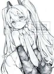 1girl bare_shoulders closed_mouth cowboy_shot detached_sleeves dot_nose flower graphite_(medium) hair_between_eyes hair_ornament hatsune_miku leotard lilium_susan long_hair long_sleeves looking_at_viewer monochrome necktie simple_background sleeves_past_wrists solo traditional_media twintails twitter_username very_long_hair vocaloid watermark white_background