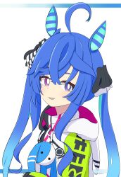 Rule 34 | 1girl, absurdres, ahoge, animal ears, animal hood, aqua hair, black hoodie, black ribbon, blue eyes, blue hair, bright pupils, chinese commentary, coat, commentary request, crossed bangs, drawstring, from side, grin, hair ribbon, heterochromia, highres, holding, holding stuffed toy, hood, hood down, hooded coat, hoodie, horse ears, horse girl, long hair, long sleeves, looking at viewer, mixed-language commentary, multicolored coat, multicolored hair, partial commentary, purple eyes, rabbit hood, ribbon, sharp teeth, sid(npcai), smile, solo, stuffed animal, stuffed rabbit, stuffed toy, teeth, twin turbo (umamusume), twintails, two-tone hair, umamusume, upper body, white background, white pupils