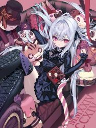 Rule 34 | 1girl, :t, absurdres, black dress, black footwear, black ribbon, blush, boots, box, box of chocolates, breasts, chocolate, couch, cross-laced footwear, dress, eating, expressionless, grey hair, hair ribbon, hair spread out, highres, long hair, looking at viewer, lying, mearylis (yamanasi mikage), on back, original, pink eyes, ribbon, sleeves past wrists, small breasts, solo, stuffed toy, thigh boots, valentine, very long hair, yamanasi mikage