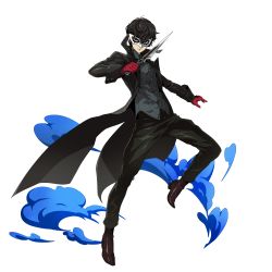Rule 34 | 1boy, amamiya ren, black coat, black eyes, black hair, black pants, brown footwear, closed mouth, coat, dagger, full body, gloves, highres, holding, holding dagger, holding knife, holding weapon, knife, long sleeves, looking at viewer, male focus, mask, official art, pants, persona, persona 5, red gloves, solo, sword art online, transparent background, weapon