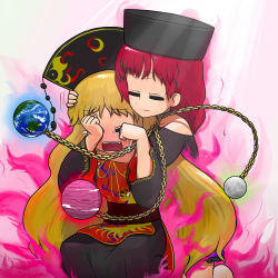 Rule 34 | 2girls, bare shoulders, blonde hair, blush, chain, chinese clothes, closed eyes, crying, dress, earth (planet), fox tail, full-face blush, gradient background, hat, hecatia lapislazuli, hug, hug from behind, junko (touhou), long hair, long sleeves, moon, multiple girls, multiple tails, ninniku (ninnniku105), open mouth, planet, red hair, ribbon, sash, short hair, short sleeves, smile, tabard, tail, tears, touhou, wide sleeves