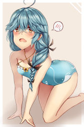 Rule 34 | 1girl, ahoge, all fours, aqua one-piece swimsuit, black ribbon, blush, braid, breasts, brown eyes, casual one-piece swimsuit, collarbone, embarrassed, gradient background, grey hair, hair between eyes, hair over eyes, hair ribbon, hamanami (kancolle), highres, kantai collection, long hair, looking at viewer, natsu narumi, one-piece swimsuit, open mouth, ribbon, simple background, small breasts, solo, swimsuit