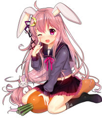 Rule 34 | &gt; &lt;, 10s, 1girl, :3, ;d, ahoge, animal ears, bad id, bad pixiv id, blush, carrot, closed eyes, cnm, crescent, crescent hair ornament, finger to cheek, hair ornament, kantai collection, kemonomimi mode, long hair, looking at viewer, one eye closed, open mouth, personification, pink hair, rabbit ears, rabbit hair ornament, red eyes, school uniform, serafuku, simple background, skirt, smile, solo, uzuki (kancolle), very long hair, white background