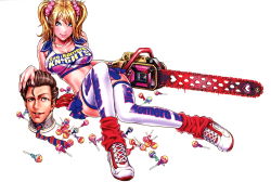 Rule 34 | 1boy, 1girl, blonde hair, blood, blue eyes, breasts, brown eyes, brown hair, candy, chainsaw, cheerleader, cleavage, clothes writing, couple, crop top, food, grasshopper manufacture, juliet starling, leg warmers, lollipop, lollipop chainsaw, long hair, midriff, miniskirt, necktie, nick carlyle, scrunchie, severed head, shoes, short hair, sitting, skirt, sneakers, thighhighs, twintails, white background, white thighhighs, yamashita shun&#039;ya