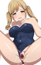 Rule 34 | 1girl, bang dream!, bare shoulders, blonde hair, blue one-piece swimsuit, breasts, brown eyes, cleavage, collarbone, covered navel, crossed bangs, foot out of frame, hair ornament, highres, ichigaya arisa, large breasts, light blush, long hair, looking at viewer, noshimurin, one-piece swimsuit, open mouth, parted lips, pussy, pussy juice, raised eyebrows, saliva, school swimsuit, simple background, spread legs, swimsuit, twintails, x hair ornament